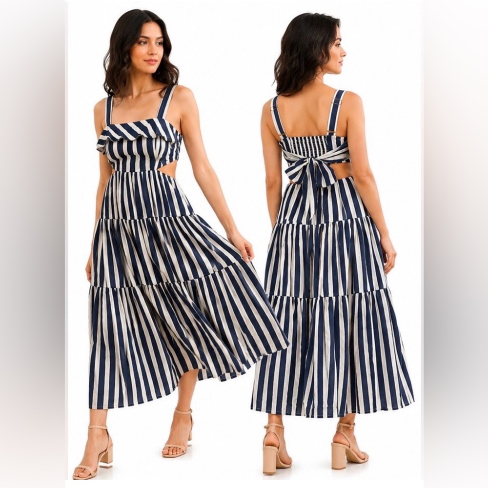Moon River Navy and White Striped Maxi Dress Coastal Resort Summer Maine